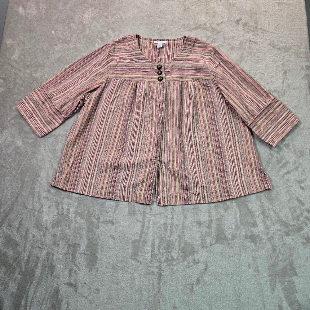 Dressbarn Woman 3X Cotton Striped Babydoll Tunic Top 3/4 Sleeve Pink Multi-Color
